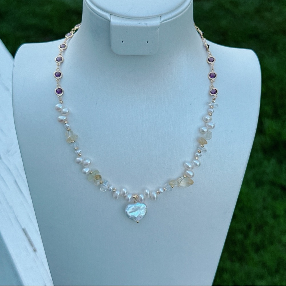 X596 Handmade Freshwater Baroque Pearl Citrine Necklace with Heart Pendant - Picture 5 of 9